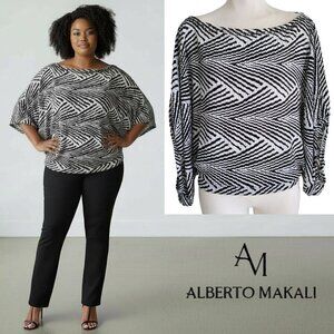 Alberto Makali Dolman Sleeve Bateau Beaded Neckline Pleated Geometric print XL